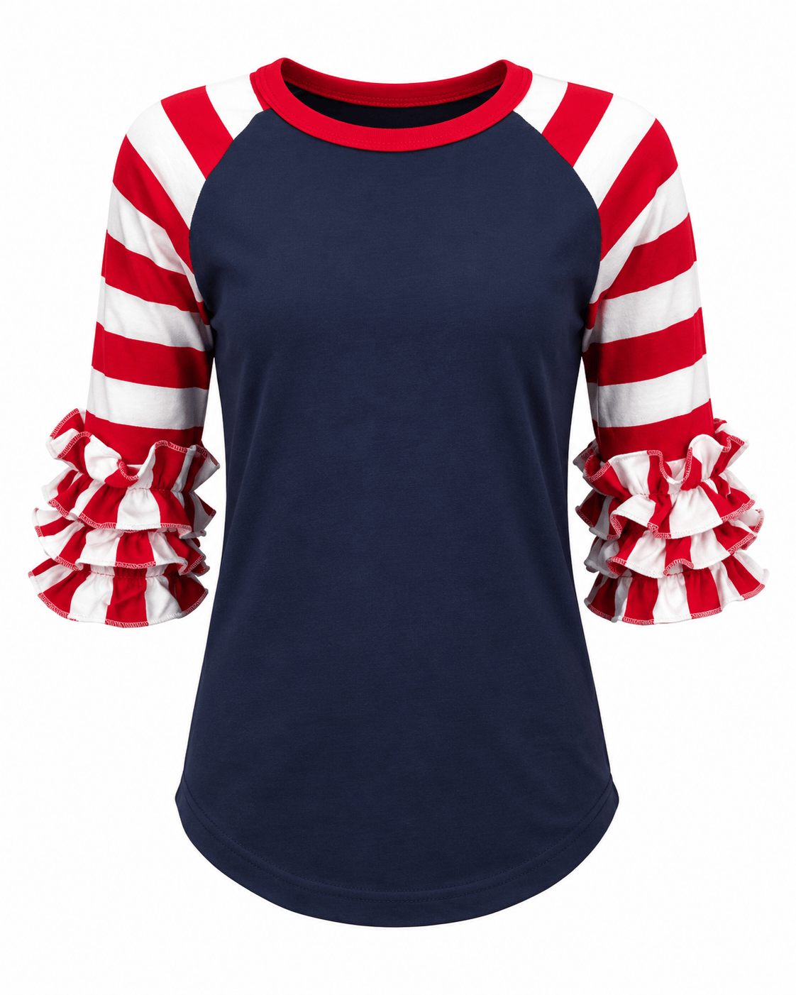 ILTEX Apparel Ruffle Raglan July 4th Striped Navy Red White Ruffle Top Kids
