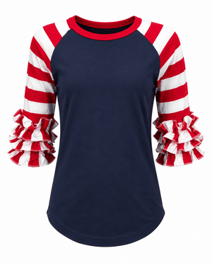 ILTEX Apparel Ruffle Raglan July 4th Striped Navy Red White Ruffle Top Kids