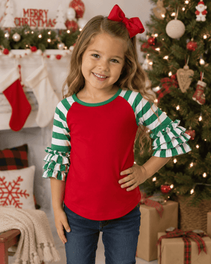 ILTEX Apparel Ruffle Raglan Striped Red Green Christmas Ruffle