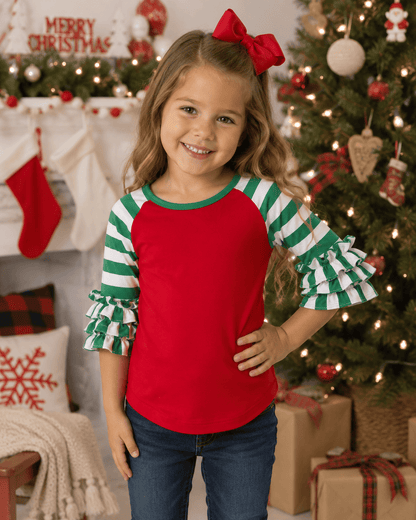 ILTEX Apparel Ruffle Raglan Striped Red Green Christmas Ruffle