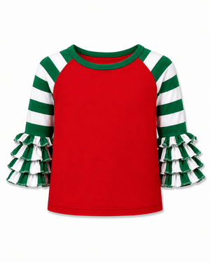 ILTEX Apparel Ruffle Raglan Striped Red Green Christmas Ruffle