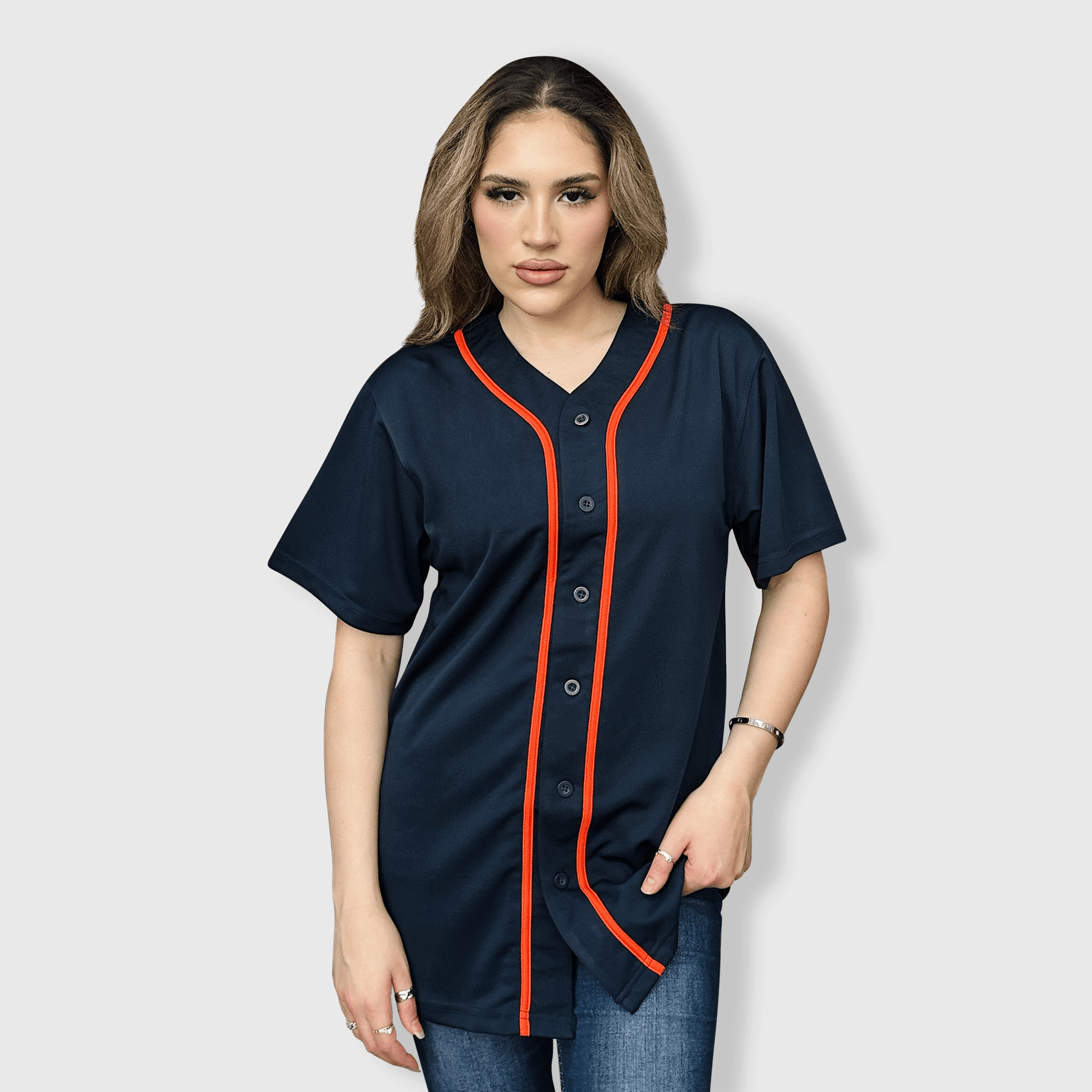 ILTEX Apparel Shirts & Tops Navy/Orange / Small Baseball Button Down Jersey Adult