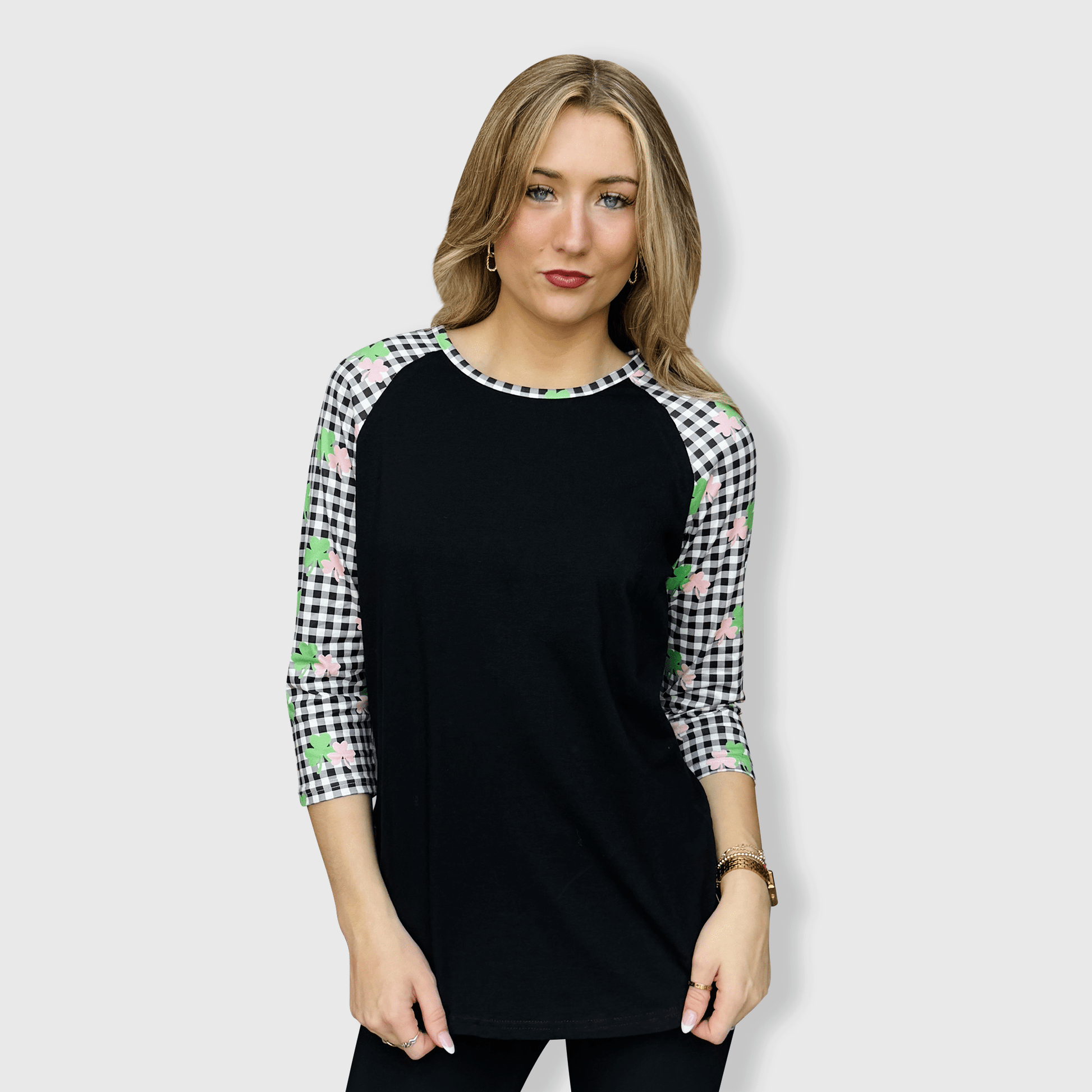 ILTEX Apparel St. Patrick's Plaid Clover Black Top