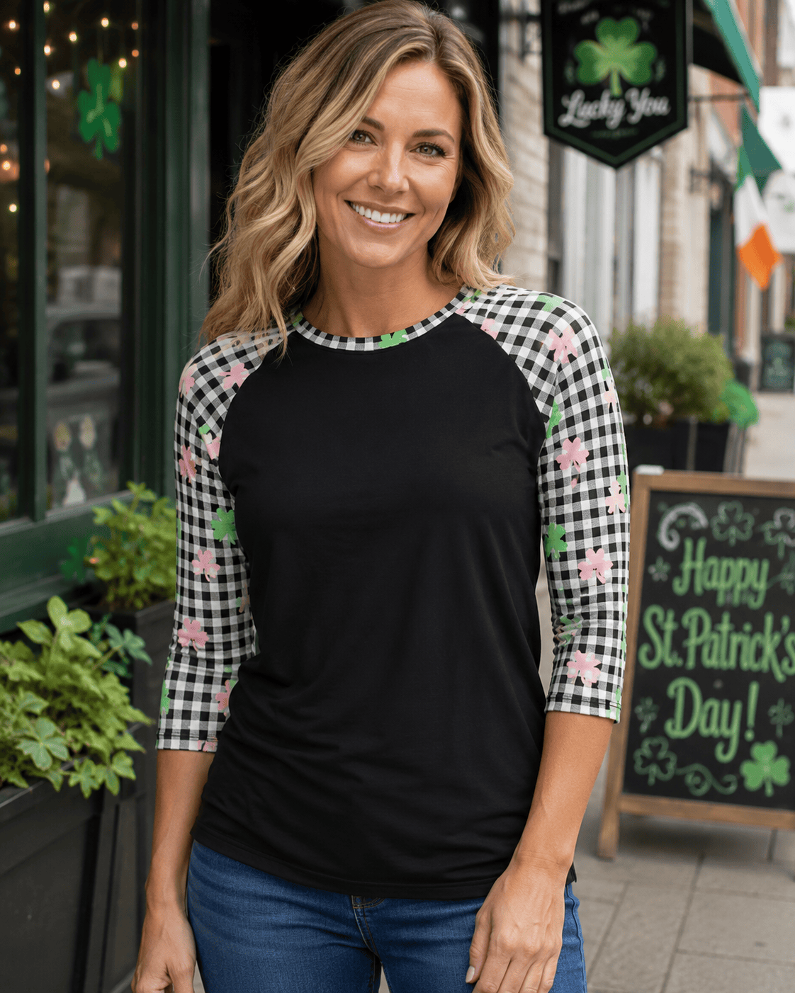 ILTEX Apparel St. Patrick's Plaid Clover Black Top