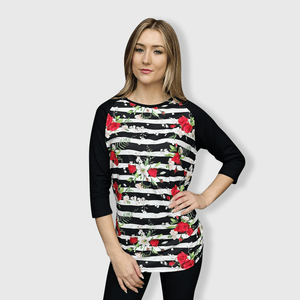 ILTEX Apparel Striped Floral Rose Black Top
