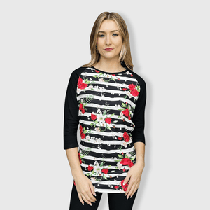 ILTEX Apparel Striped Floral Rose Black Top