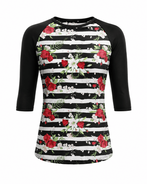 ILTEX Apparel Striped Floral Rose Black Top