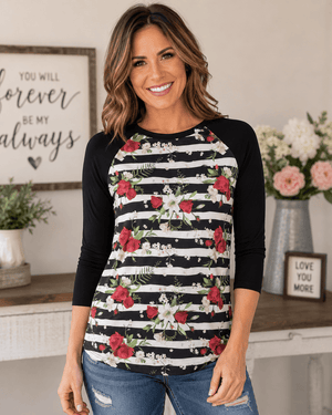ILTEX Apparel Striped Floral Rose Black Top