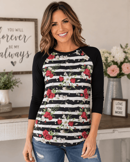 ILTEX Apparel Striped Floral Rose Black Top
