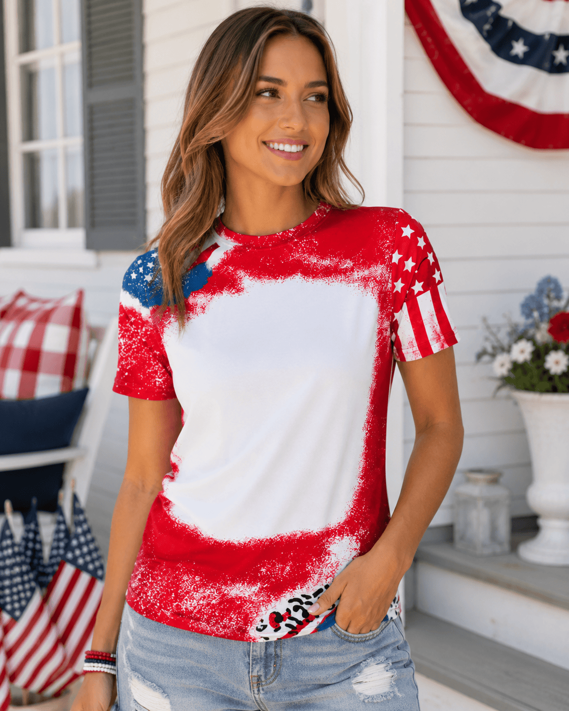 ILTEX Apparel Women's Clothing 4th of July Stars & Stripes Faux Bleached Top
