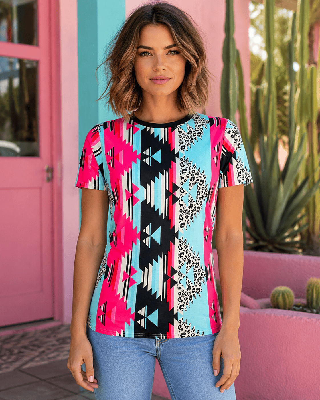 ILTEX Apparel Women's Clothing Aztec Cheetah Pink Blue Top