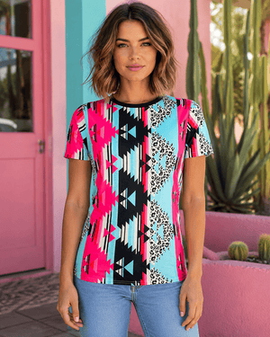 ILTEX Apparel Women's Clothing Aztec Cheetah Pink Blue Top
