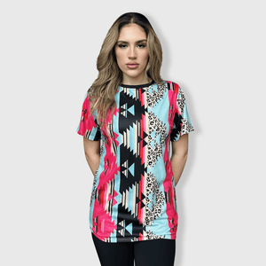 ILTEX Apparel Women's Clothing Aztec Cheetah Pink Blue Top