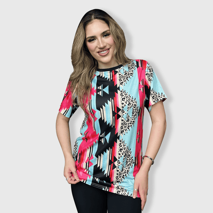 ILTEX Apparel Women's Clothing Aztec Cheetah Pink Blue Top