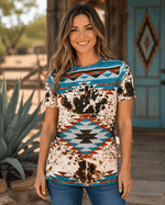 ILTEX Apparel Women's Clothing Aztec Cow Teal Top