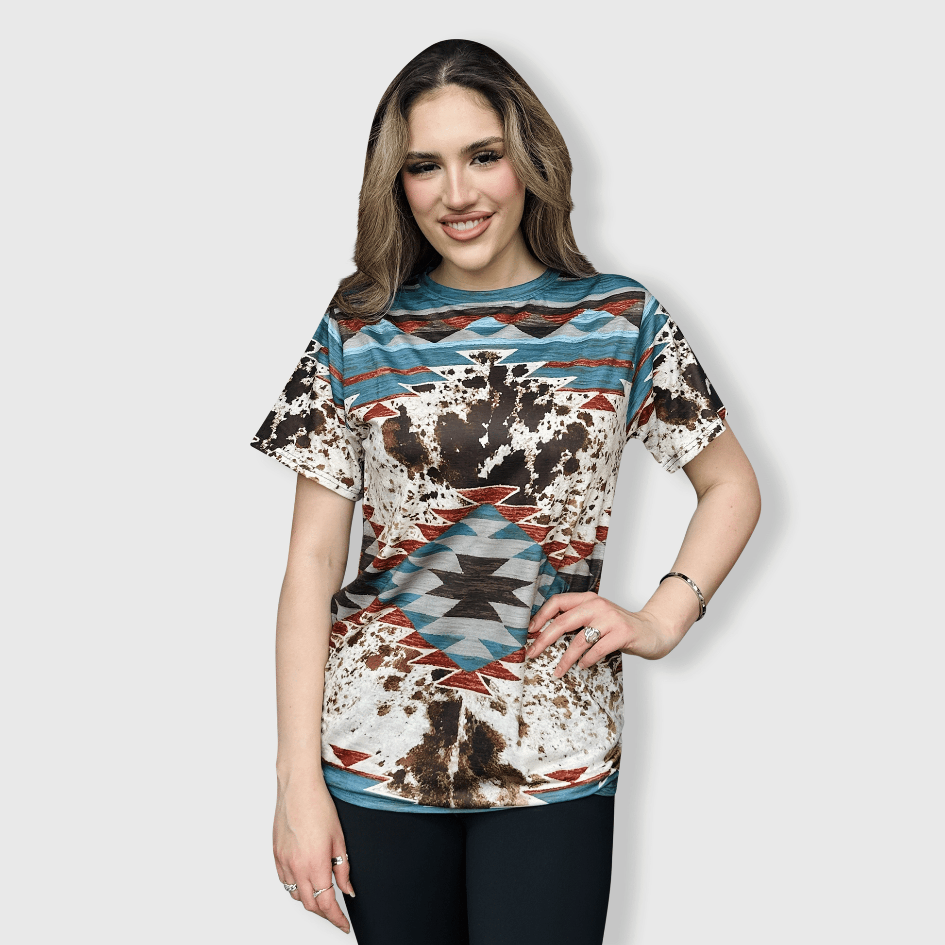 ILTEX Apparel Women's Clothing Aztec Cow Teal Top