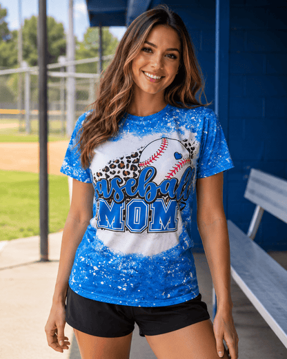 ILTEX Apparel Women's Clothing Baseball Mom Cheetah Blue Faux Bleached Top