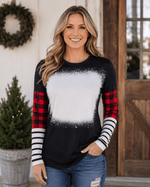 ILTEX Apparel Women's Clothing Black Plaid Stripe Long Sleeve Blank Top