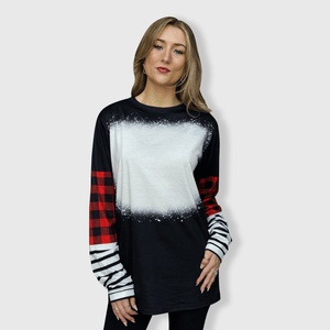 ILTEX Apparel Women's Clothing Black Plaid Stripe Long Sleeve Blank Top