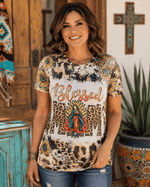 ILTEX Apparel Women's Clothing Blessed Mom Sunflower Cheetah Faux Bleached Top