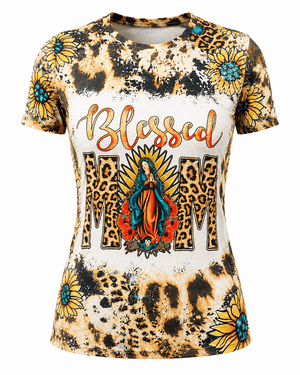 ILTEX Apparel Women's Clothing Blessed Mom Sunflower Cheetah Faux Bleached Top