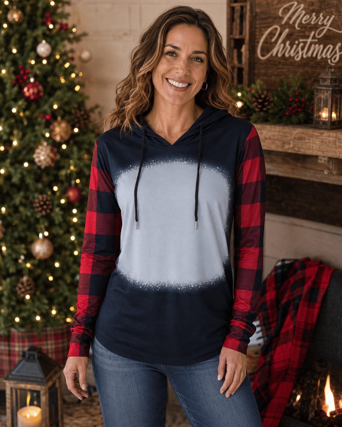 ILTEX Apparel Women's Clothing Buffalo Plaid Black Red Hoodie Blank Faux Bleached Top