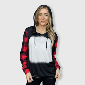 ILTEX Apparel Women's Clothing Buffalo Plaid Black Red Hoodie Blank Faux Bleached Top