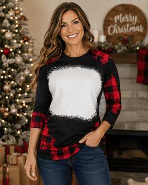 ILTEX Apparel Women's Clothing Buffalo Plaid Black Red Raglan Blank Faux Bleached Top