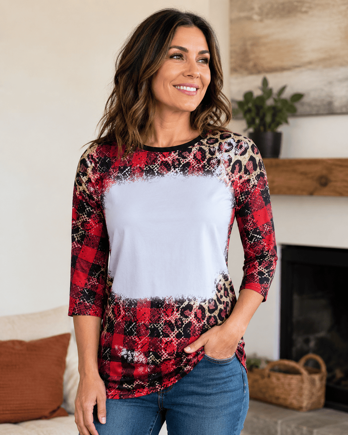 ILTEX Apparel Women's Clothing Buffalo Plaid Dark Cheetah Raglan Blank Faux Bleached Top