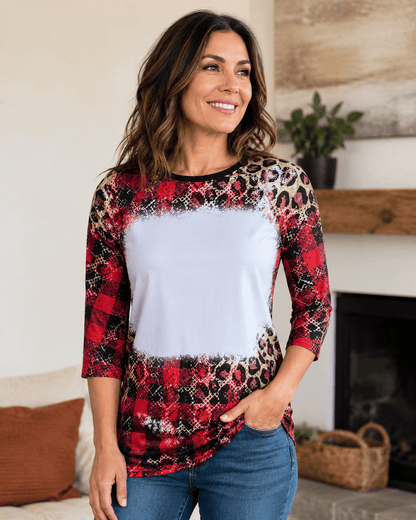 ILTEX Apparel Women's Clothing Buffalo Plaid Dark Cheetah Raglan Blank Faux Bleached Top