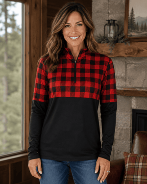 ILTEX Apparel Women's Clothing Buffalo Plaid Red Color Block Quarter Zip Top