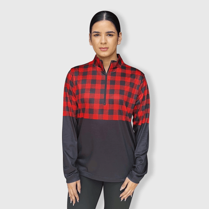 ILTEX Apparel Women's Clothing Buffalo Plaid Red Color Block Quarter Zip Top