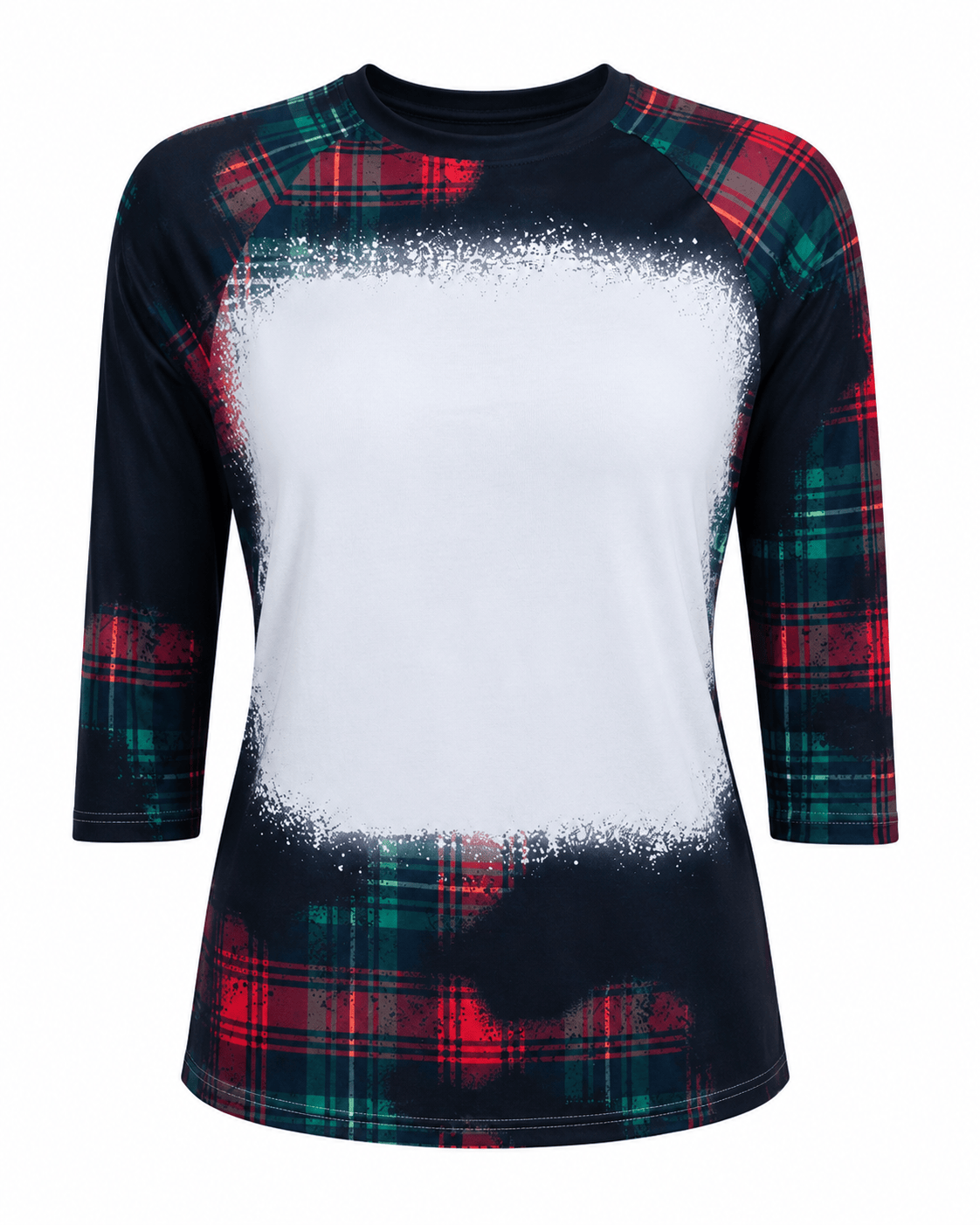 ILTEX Apparel Women's Clothing Buffalo Plaid Red Green Raglan Blank Faux Bleached Top (Black)