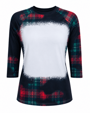 ILTEX Apparel Women's Clothing Buffalo Plaid Red Green Raglan Blank Faux Bleached Top (Black)