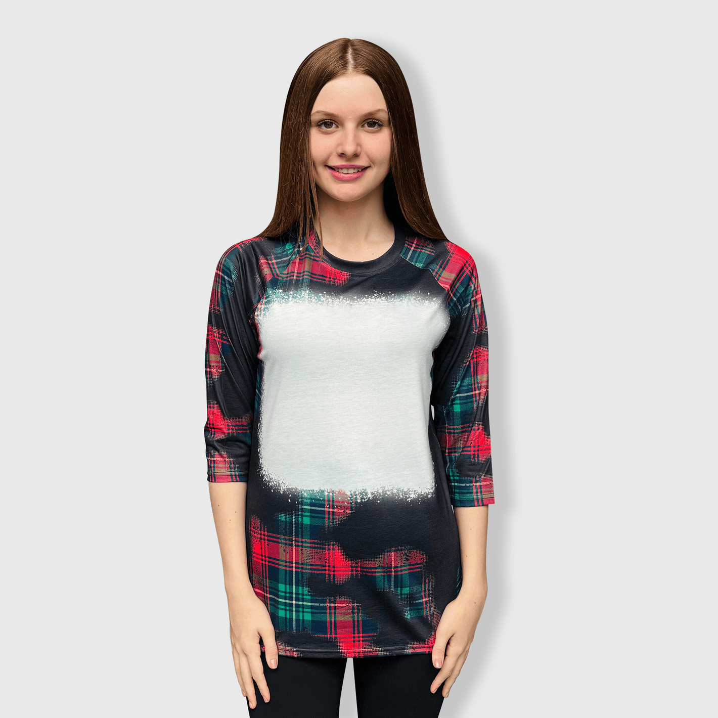 ILTEX Apparel Women's Clothing Buffalo Plaid Red Green Raglan Blank Faux Bleached Top (Black)