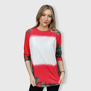 ILTEX Apparel Women's Clothing Buffalo Plaid Red Green Raglan Blank Faux Bleached Top (Red)