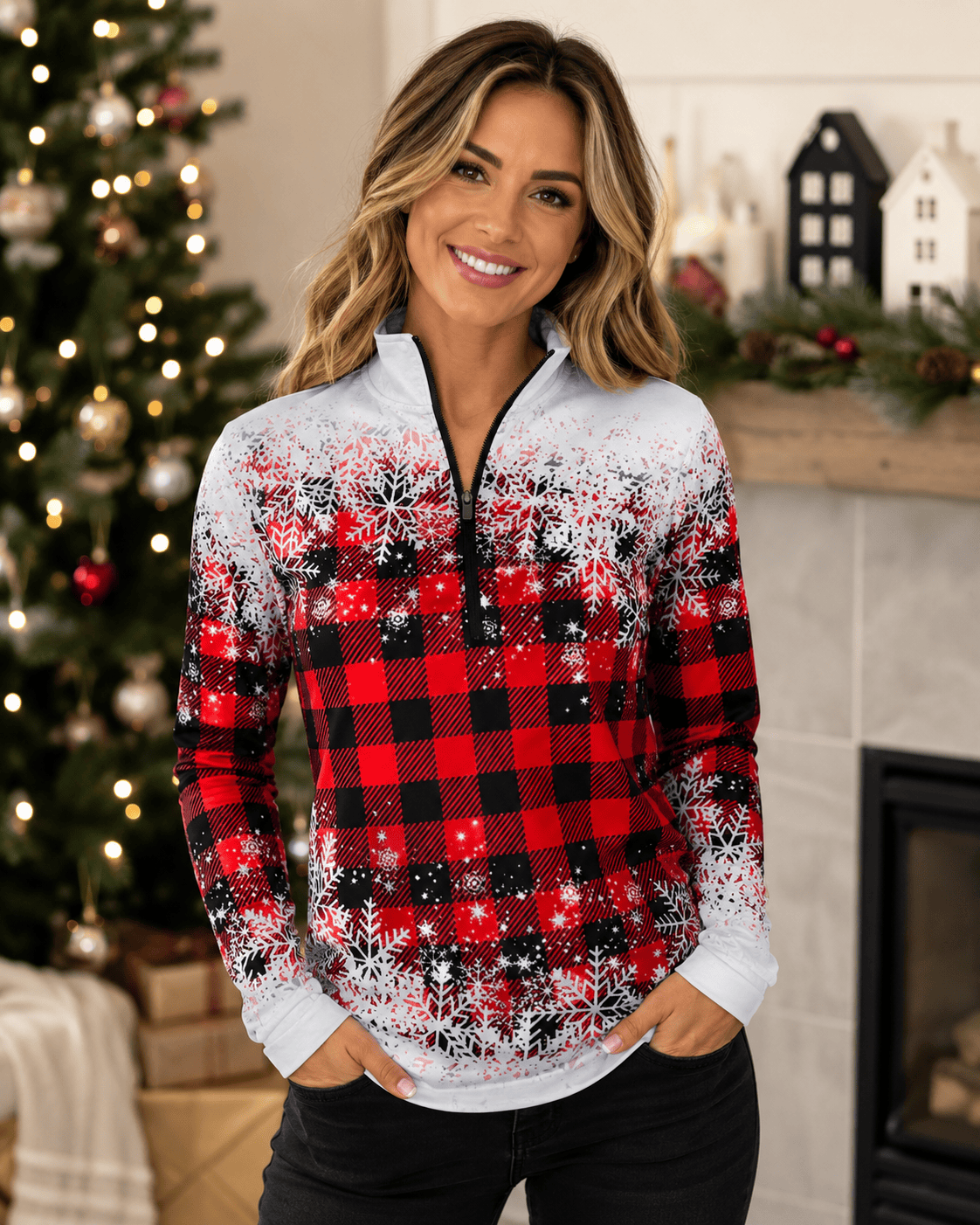ILTEX Apparel Women's Clothing Buffalo Plaid Snowflakes Quarter Zip Top
