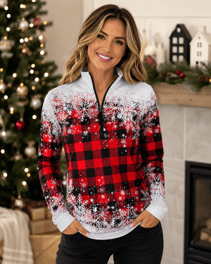 ILTEX Apparel Women's Clothing Buffalo Plaid Snowflakes Quarter Zip Top