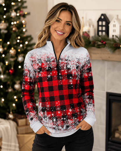 ILTEX Apparel Women's Clothing Buffalo Plaid Snowflakes Quarter Zip Top