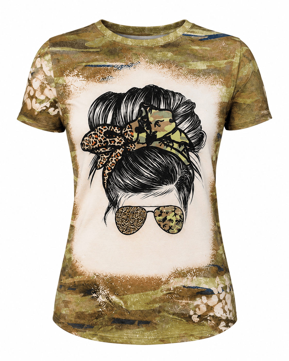 ILTEX Apparel Women's Clothing Camo Cheetah Mama Bun Faux Bleached Top