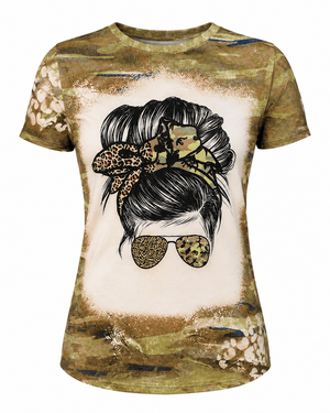 ILTEX Apparel Women's Clothing Camo Cheetah Mama Bun Faux Bleached Top