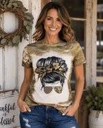 ILTEX Apparel Women's Clothing Camo Cheetah Mama Bun Faux Bleached Top