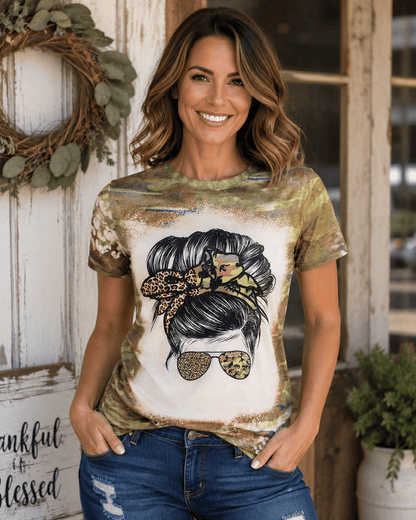 ILTEX Apparel Women's Clothing Camo Cheetah Mama Bun Faux Bleached Top