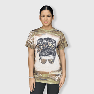 ILTEX Apparel Women's Clothing Camo Cheetah Mama Bun Faux Bleached Top