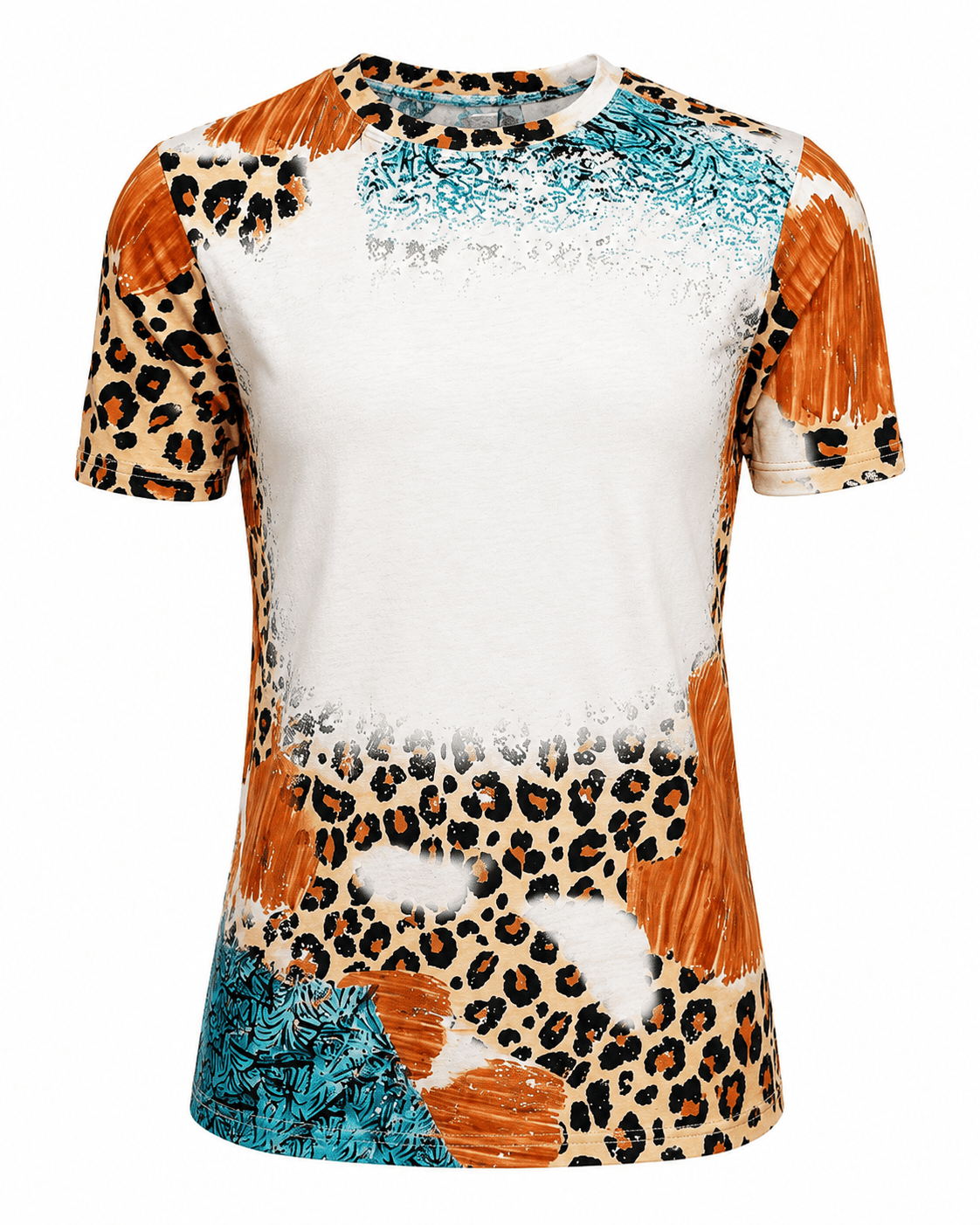 ILTEX Apparel Women's Clothing Cheetah Brown Turquoise Blank Faux Bleached Top