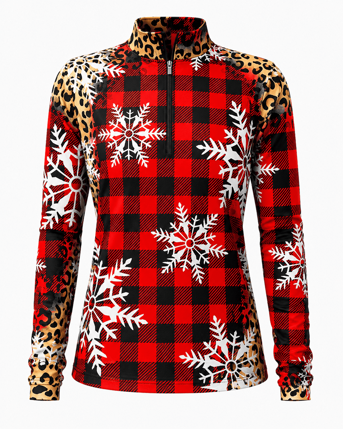 ILTEX Apparel Women's Clothing Cheetah Buffalo Plaid Snowflakes Quarter Zip Top