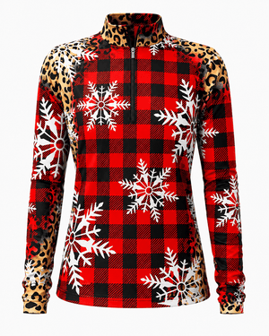 ILTEX Apparel Women's Clothing Cheetah Buffalo Plaid Snowflakes Quarter Zip Top