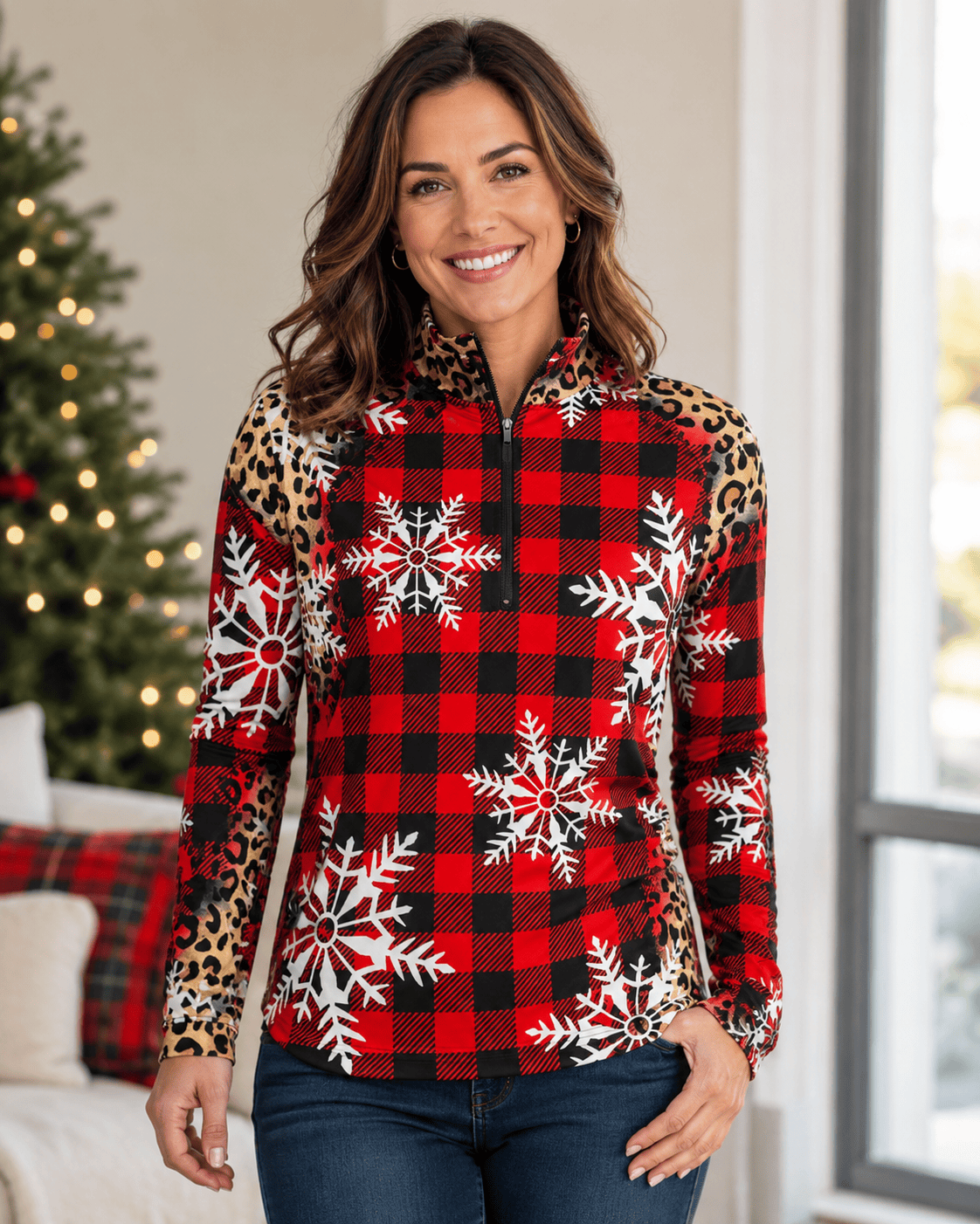 ILTEX Apparel Women's Clothing Cheetah Buffalo Plaid Snowflakes Quarter Zip Top