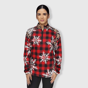 ILTEX Apparel Women's Clothing Cheetah Buffalo Plaid Snowflakes Quarter Zip Top