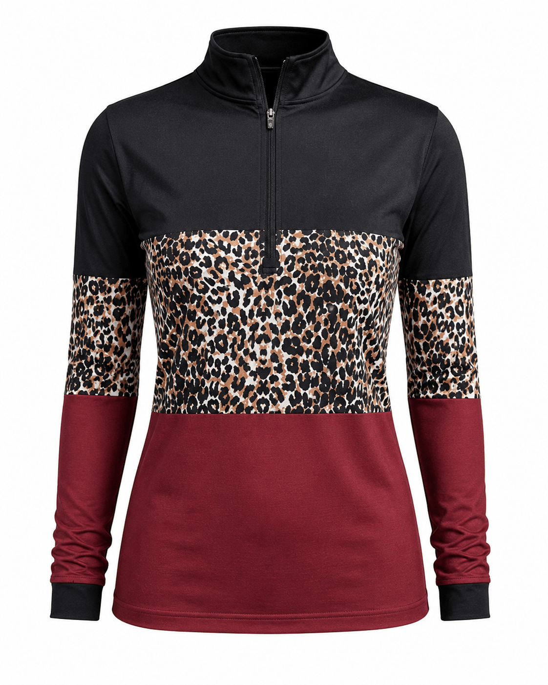 ILTEX Apparel Women's Clothing Cheetah Burgundy Black Quarter Zip Top